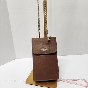 Coach Brown/Tan Leather Crossbody Phone Bag Wallet Chain Strap Gold Hardware